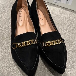Esprit Black Pointed Loafers with Gold Chain Accent